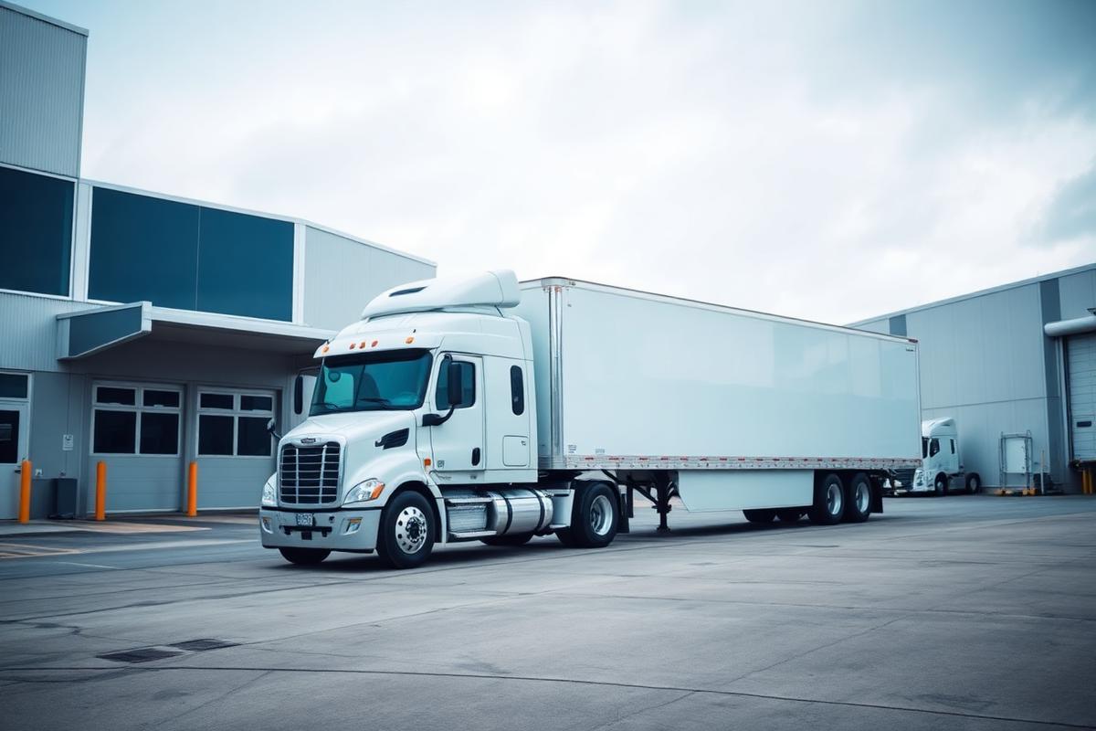 Refrigerated trailer and tractor at a distribution warehouse dock